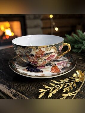 Vint Hand Painted Satsuma Chinese Porcelain Cup Saucer Gilded Gold Geisha Girls